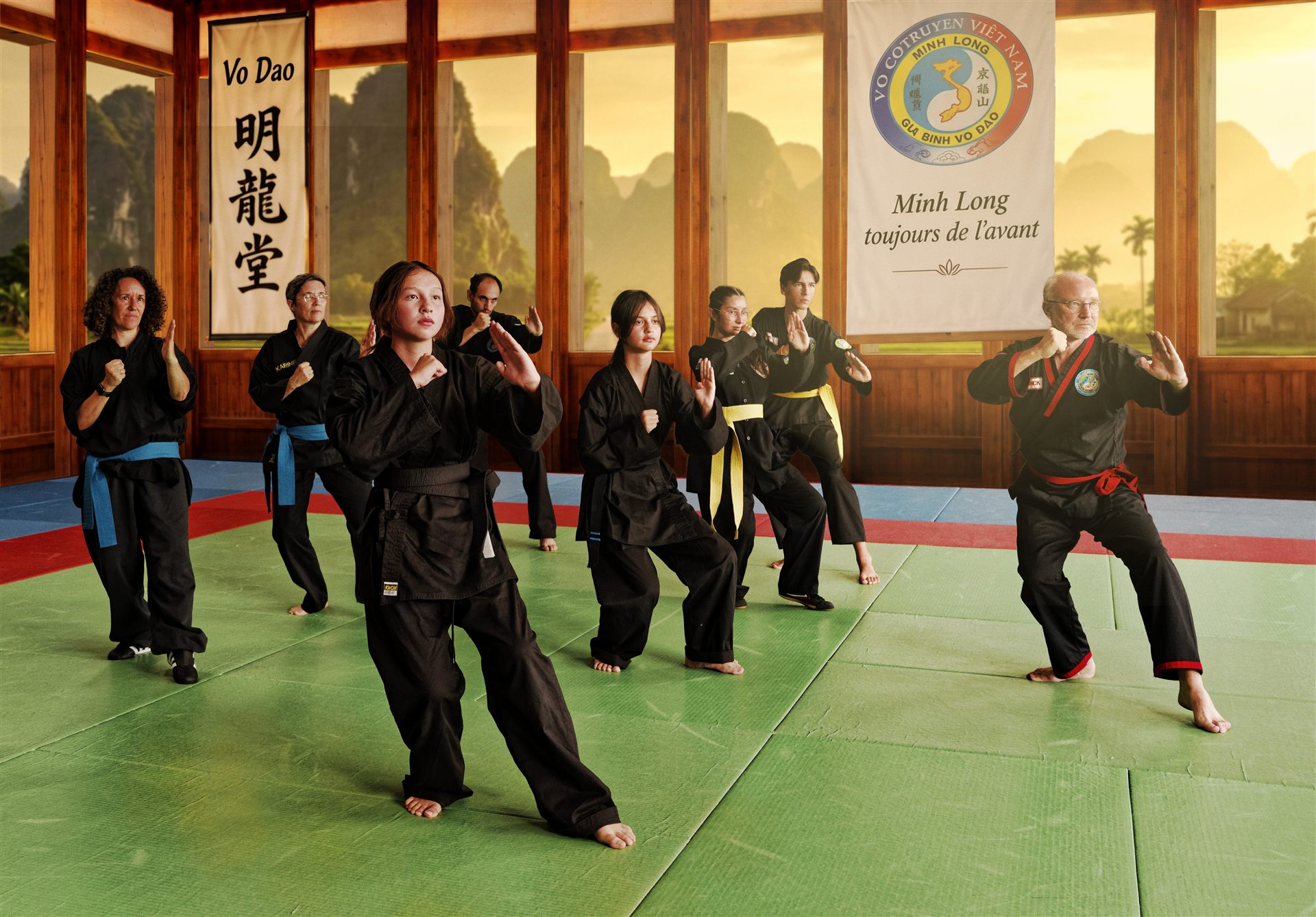 Pratiquants du club en tenue noire pendant un entraînement de Võ Cổ Truyền