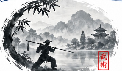 Illustration au lavis : pratiquant au bâton, lac et montagnes du Vietnam